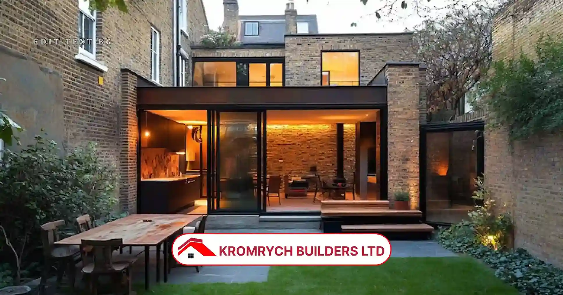 Construction of a modern house extension in progress, showing structural work and home improvement